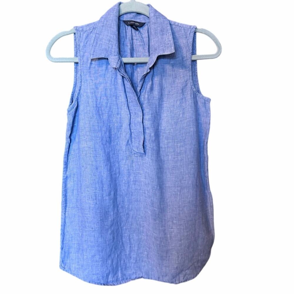 Lands end 100% linen blue chambray collared sleeveless top XS coastal summertime